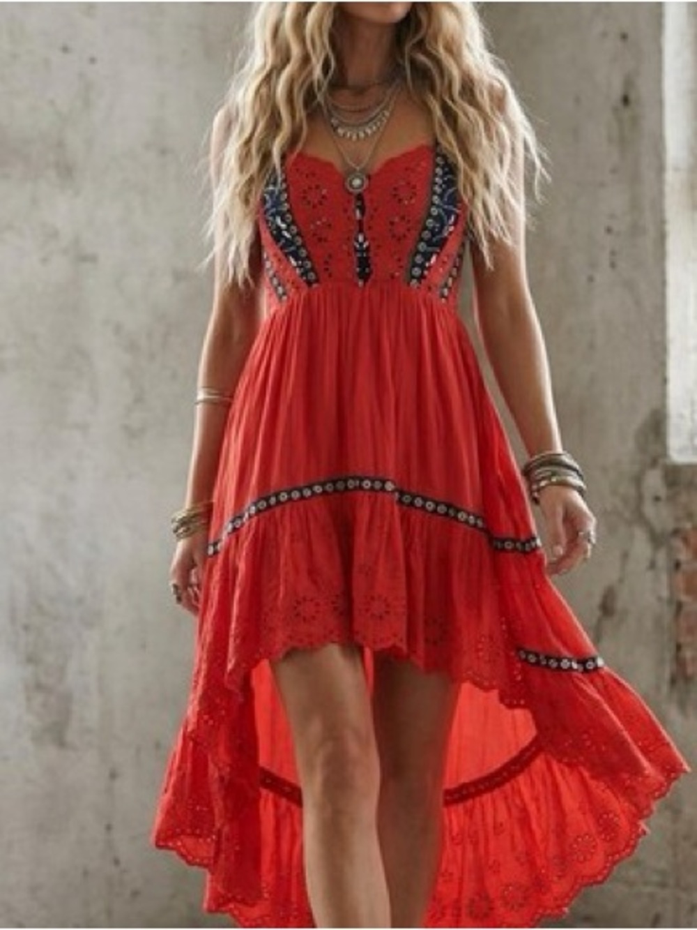 Free People Bossa Nova red orange eyelet high-low embroidered dress size 2